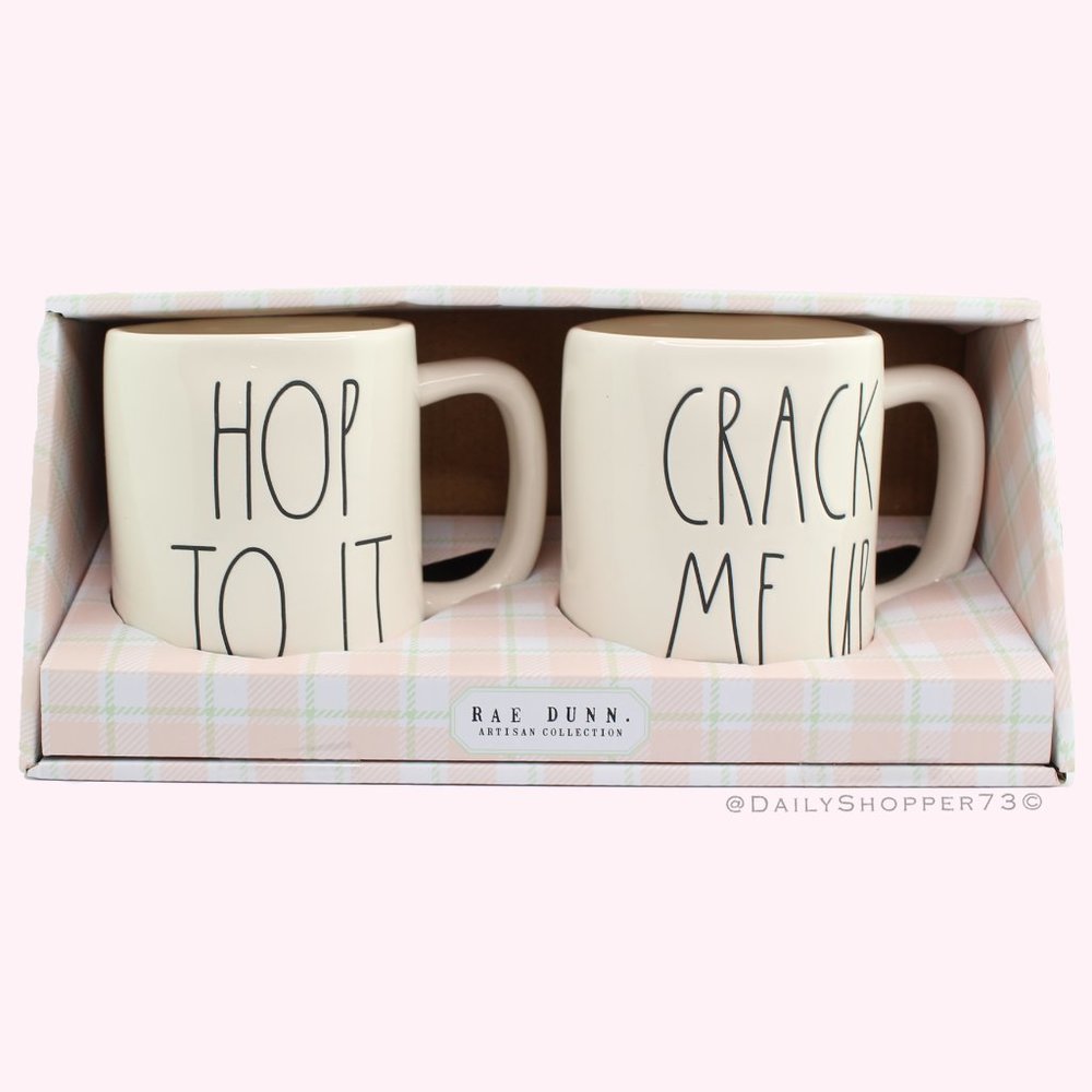 Rae Dunn "Hop To It" & "Crack Me Up" Ceramic Coffee Mugs